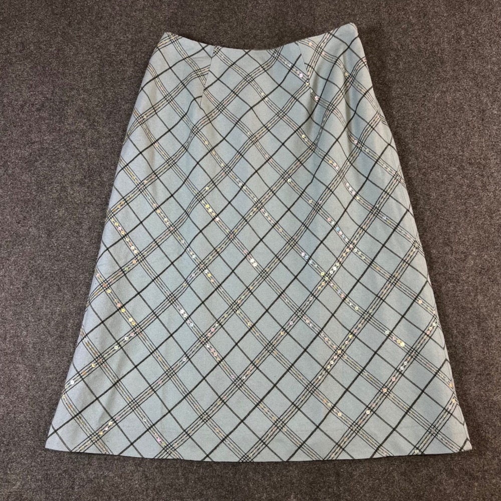 Tribeca Studio Blue Plaid Sequin A-Line Midi Skirt Wool Blend Womens Size 6